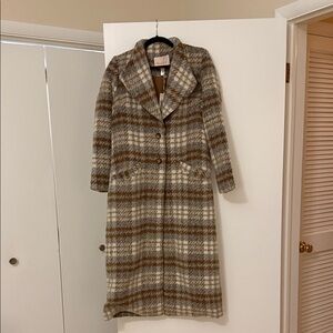 NWT Hutch Plaid Long Coat with Brown and Cream Pattern